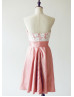 Strapless Ivory Lace Coral Taffeta Short Prom Dress